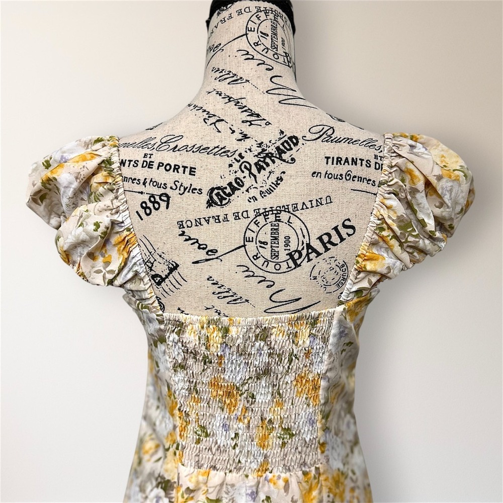 ASTR The Label Yellow Floral Puff Sleeve Mini Dress Sweetheart Cottagecore Boho - Picture 6 of 13
